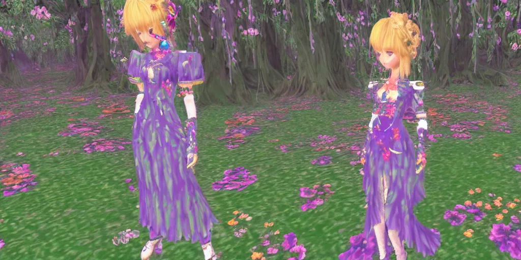 Image similar to cute female forest spirit wearing ornate floral cybernetic hungarian valentino resort dress in a 3 d psx ps 2 jrpg style, esoteric magical alien meadow ritual environment, fashion gameplay screenshot, highly detailed, atelier, xenogears