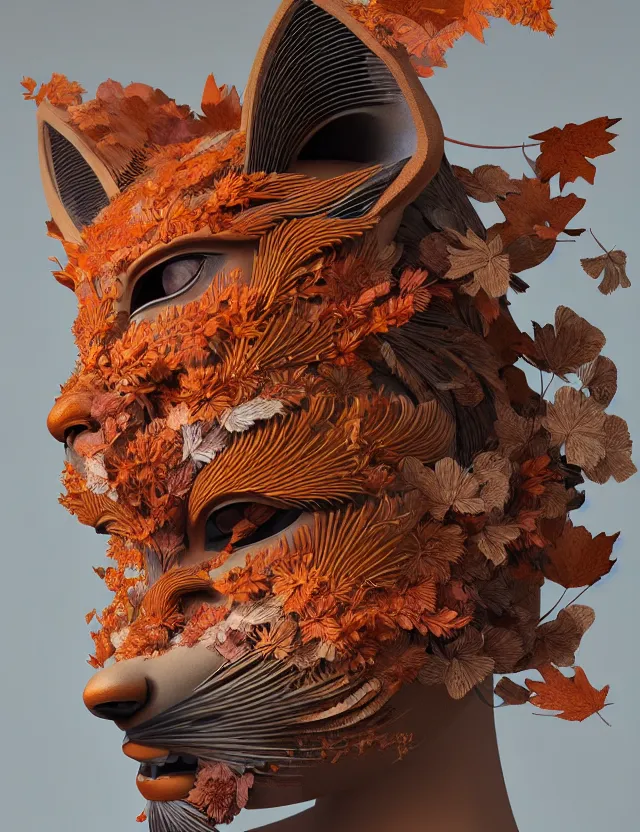 Prompt: 3 d goddess close - up profile portrait. beautiful intricately detailed japanese autumn fox mask, fall leaves, phoenix, dried plants, wind, creature, artwork by tooth wu and wlop and beeple and greg rutkowski