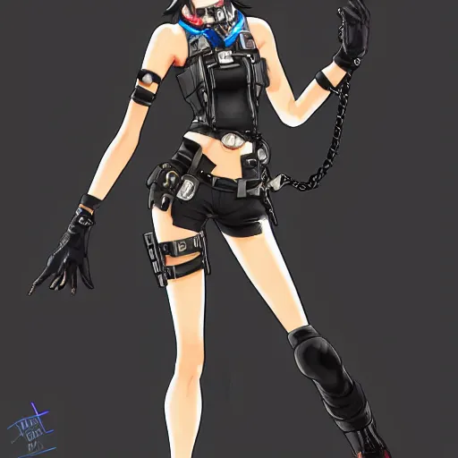 Image similar to full body digital artwork of tracer overwatch, wearing black iridescent rainbow latex tank top, 4 k, expressive happy smug expression, makeup, in style of mark arian, wearing detailed black leather collar, chains, black leather harness, leather cuffs around wrists, detailed face and eyes,