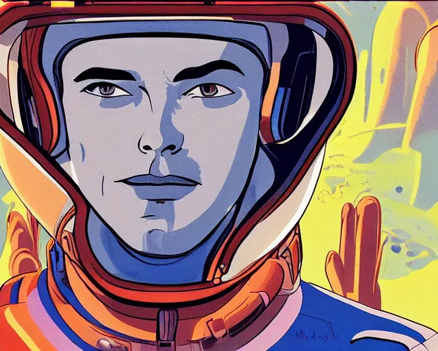 Prompt: a headshot head shot portrait of Alain Delon pilot in spacesuit posing on field forrest spaceship station landing laying lake artillery outer worlds shadows in FANTASTIC PLANET La planète sauvage animation by René Laloux