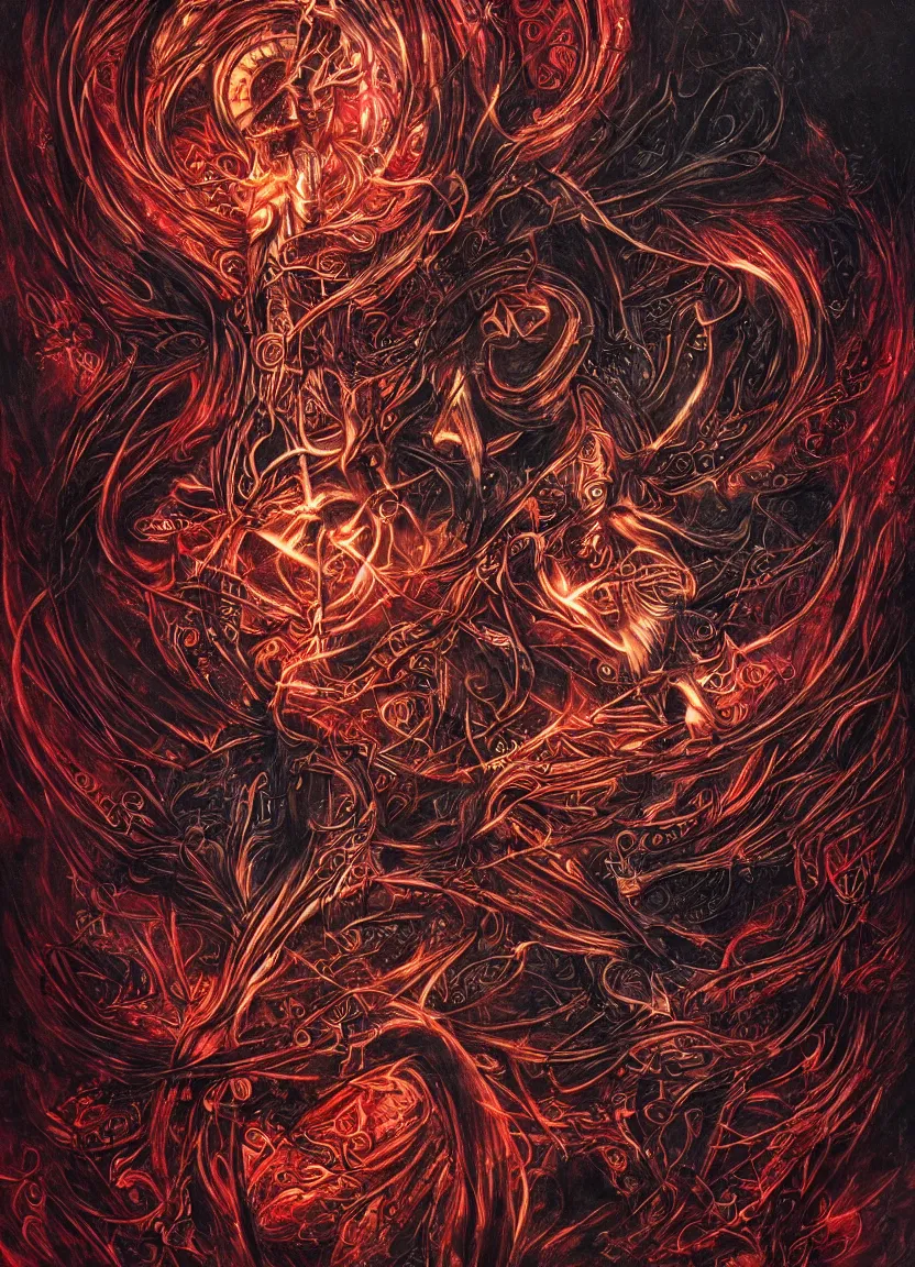 Prompt: Magical creation of protohuman on complex sigil with lots of detail. Dark colors, glowing fiery red, extremely high detail, fantasy, hyperrealism, horror art, masterpiece, 8k