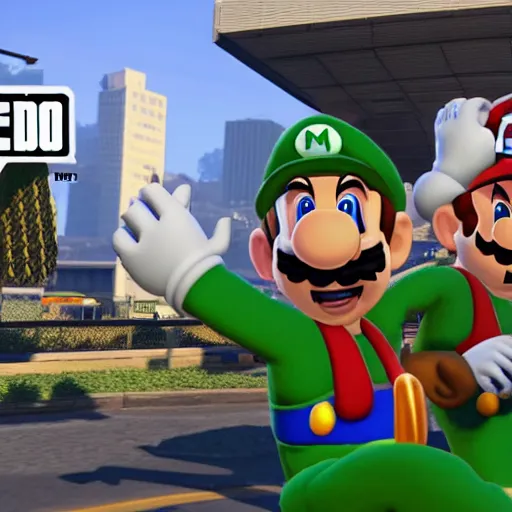 Prompt: Mario and Luigi as gangster in GTA 5 unreal engine 5 8k insane level of detail