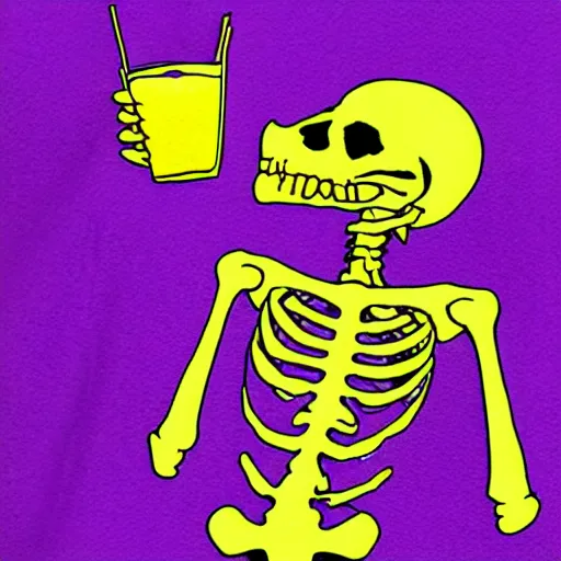 Prompt: skeleton drinking a lemonade, lemonade spilling from its tummy