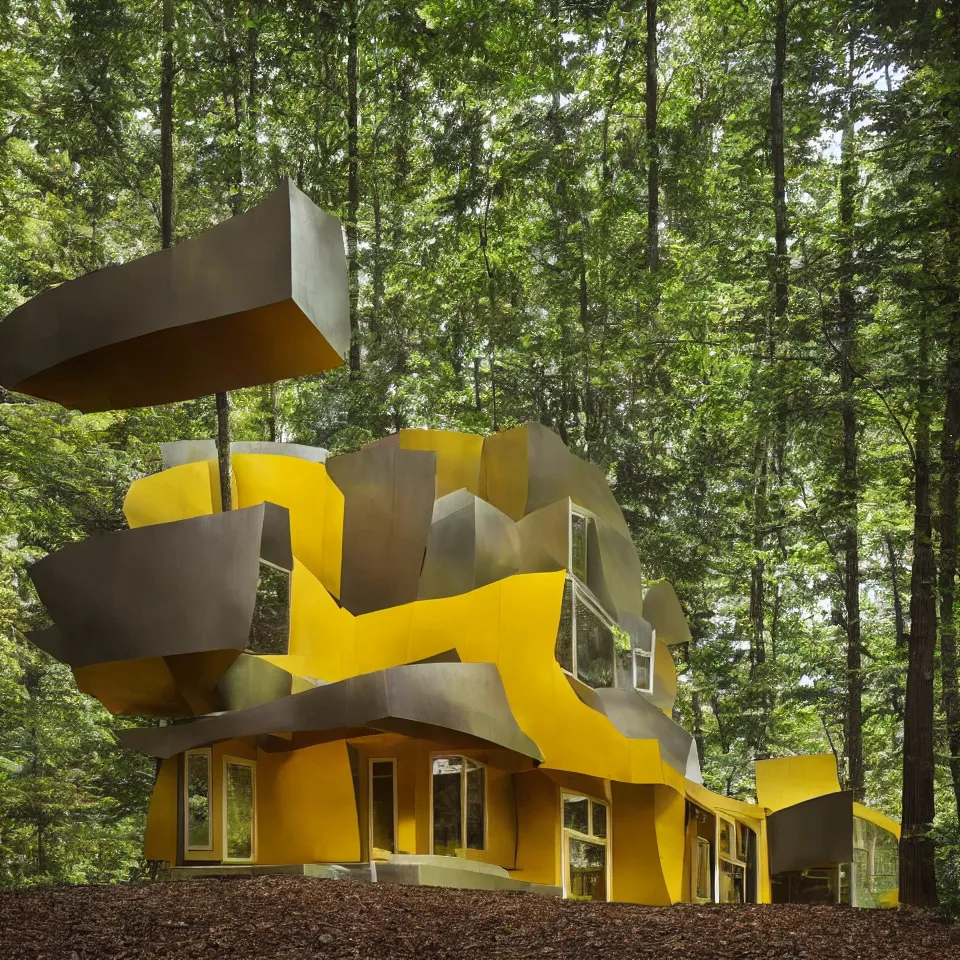 Image similar to architecture ad for a small mid-century modern house in the forest, designed by Frank Gehry. Film grain, cinematic, yellow hue