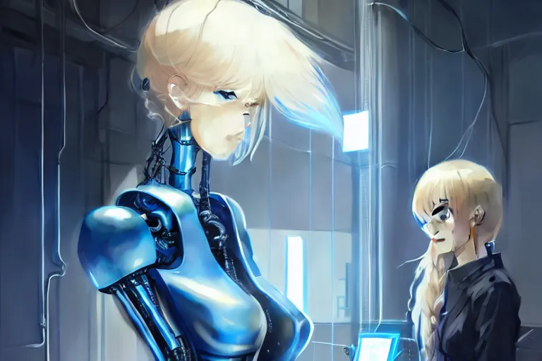 Prompt: datacenter room connects cables young robot server android baroque oil painting finely detailed perfect face flowing long fiberoptics blonde hair robot eyes blue. anime shinkai takeuchi key visual of character concept art metal female robot body suit pixiv fanbox, painted by greg rutkowski