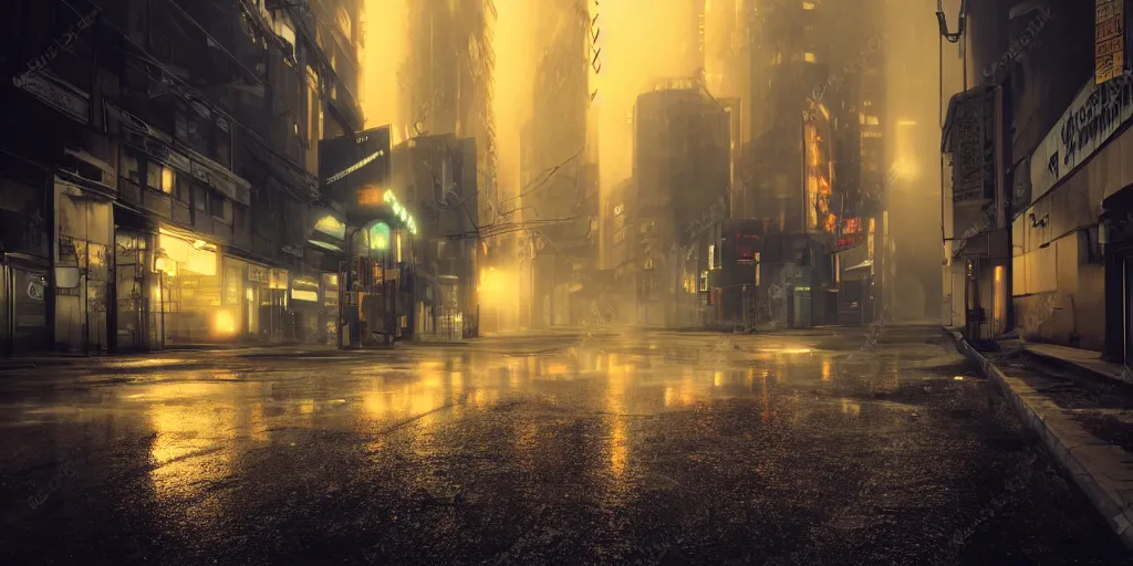 Image similar to deserted narrow cyberpunkstyle city street, fog, rain, neon sign, volumetric lighting, beautiful, golden hour, sharp focus, ultra detailed, cgsociety