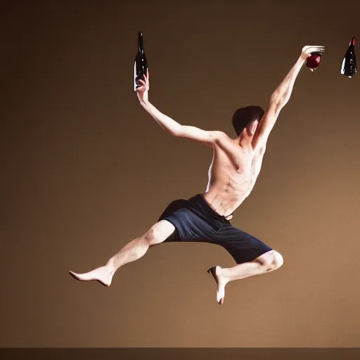 Image similar to a detailed portrait of a male model boisterously dancing around the room by himself holding an empty wine bottle as he jumps in the air in an (art studio), striking artistic concept, perfect composition, detailed facial expression, fine detail, dramatic lighting, award-winning photo UHD, 4K