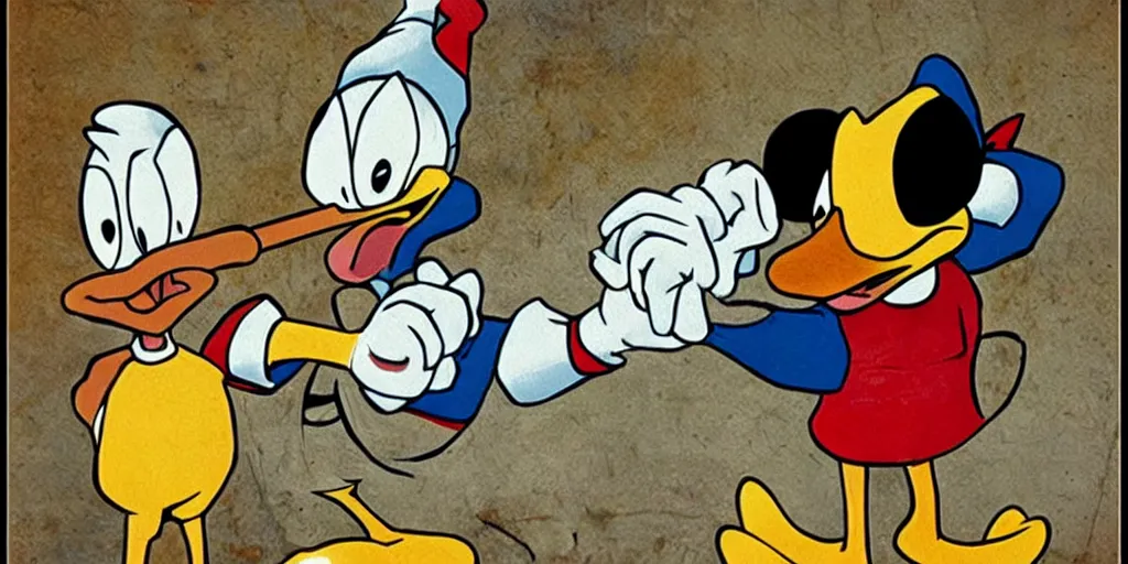 Image similar to donald duck holding a bloody knife, in the style of silent hill