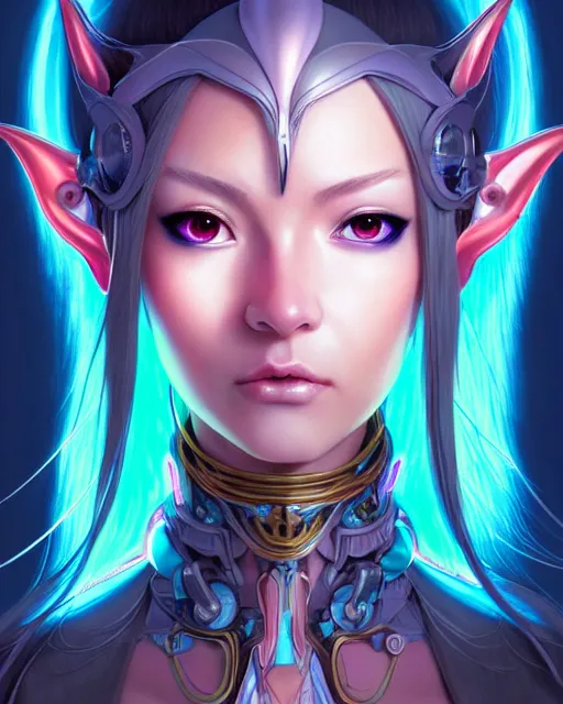 Image similar to art championship winner trending on artstation portrait of a goddess elven mecha warrior princess, neon highlights, portrait cute-fine-face, pretty face, realistic shaded Perfect face, fine details. Anime. realistic shaded lighting by katsuhiro otomo ghost-in-the-shell, magali villeneuve, artgerm, rutkowski, WLOP Jeremy Lipkin and Giuseppe Dangelico Pino and Michael Garmash and Rob Rey head and shoulders, blue hair, matte print, pastel pink neon, cinematic highlights, lighting, digital art, cute freckles, digital painting, fan art, elegant, pixiv, by Ilya Kuvshinov, daily deviation, IAMAG, illustration collection aaaa updated watched premiere edition commission ✨✨✨ whilst watching fabulous artwork \ exactly your latest completed artwork discusses upon featured announces recommend achievement