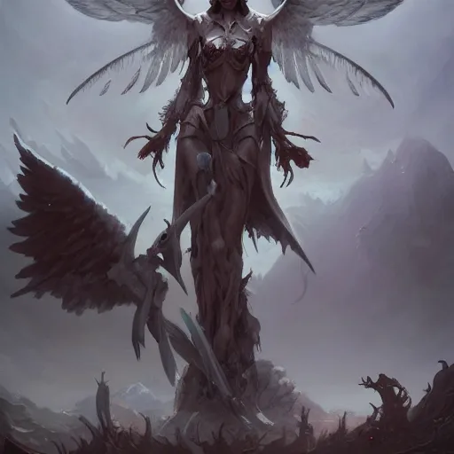 Image similar to beautiful angel of death stands in a field of bones, highly detailed matte fantasy painting, cinematic lighting, DeviantArt Artstation, by Peter Mohrbacher,