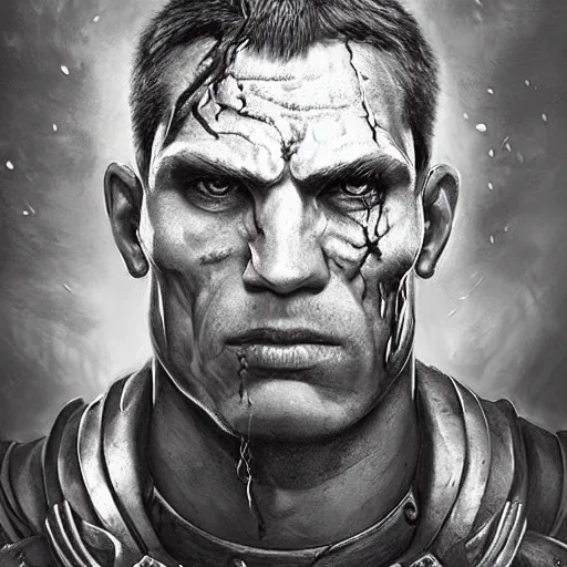 Prompt: detailed handsome scarred male guard in warhammer 4 0 k, stern, muscular jaw, perfect eyes, highly detailed, horizontal symmetry, dynamic pose, cinematic lighting, darker colors, sharp focus, ultra realistic digital art by raymond swanland and zdzisław beksinski