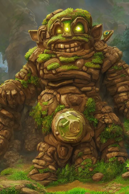 Image similar to zelda fantasy art giant golem troll wood rock greeble gemstone, global illumination ray tracing hdr fanart arstation by sung choi and eric pfeiffer and gabriel garza and casper konefal