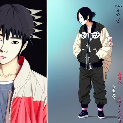 Image similar to a beautiful japanese male! gravure model, wearing oversized native designer bomber jacket and leotard with overalls, bulky poofy bomber jacket with mesoamerican patterns, mesoamerican native street fashion, gapmoe yandere grimdark, trending on pixiv fanbox, painted by greg rutkowski makoto shinkai takashi takeuchi studio ghibli, akihiko yoshida