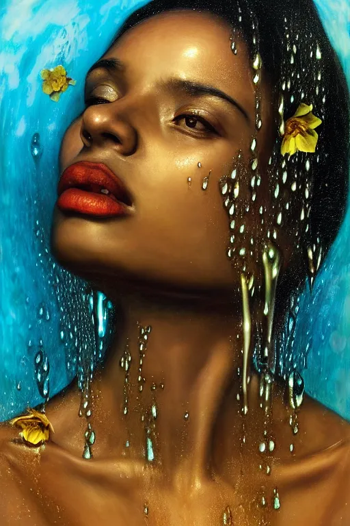 Image similar to hyperrealistic precisionist cinematic profile very expressive! oshun goddess, in water! john everett millais, mirror dripping droplet!, gold flowers, highly detailed face, digital art masterpiece, smooth eric zener cam de leon, dramatic pearlescent turquoise light on one side, low angle uhd 8 k, shallow depth of field