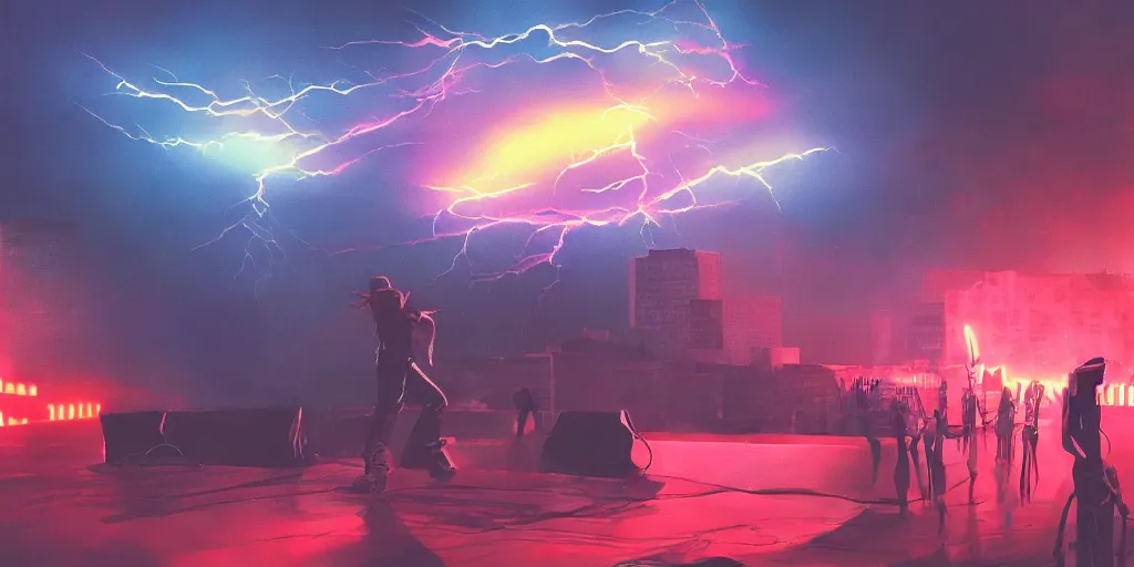 Image similar to Lightning storm while rapper performs on stage, digital art, vapor wave, hip hop, blade runner, trending on Artstation, professional artist, detailed, 4k