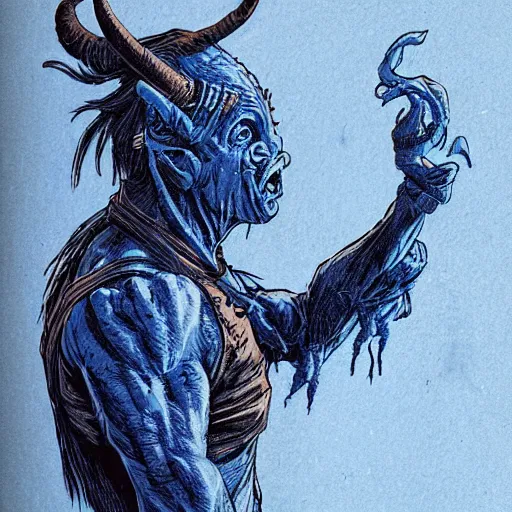 Image similar to blue woodcut print cartoon, tiefling by greg rutkowski, fine details, highly detailed