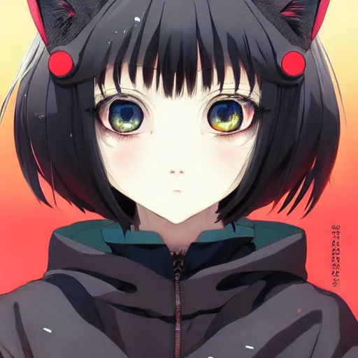 Image similar to a beautiful anime cyborg - girl with yellow eyes wearing a cat hoodie, wlop, ilya kuvshinov, artgerm, krenz cushart, greg rutkowski, hiroaki samura, range murata, james jean, katsuhiro otomo, erik jones, serov, surikov, vasnetsov, repin, kramskoi