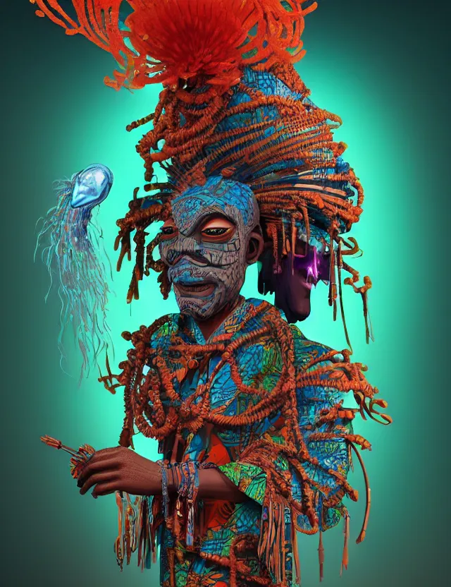 Image similar to 3 d witch doctor portrait. beautiful intricately detailed african mask and clasical japanese kimono. betta fish, jellyfish phoenix, bio luminescent, plasma, ice, water, wind, creature, artwork by tooth wu and wlop and beeple and greg rutkowski