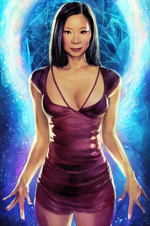 Image similar to frontal standing pose portrait of Lucy Liu as Sabrina the Teenager Witch, very beautiful young woman, straight hair, push-up underwire. Intricate, concept art, magic lighting overlays, magical portal opened, D&D!, fantasy style, sharp focus!, ultra detailed, art by Artgerm and Peter Andrew Jones, WLUP, Magali Villeneuve