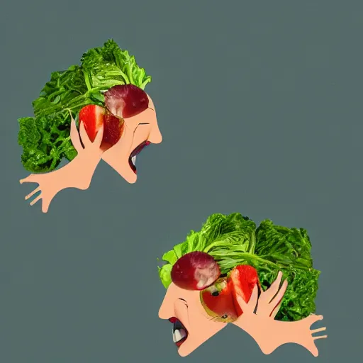 Image similar to a human with salad as their head, laughing, digital art