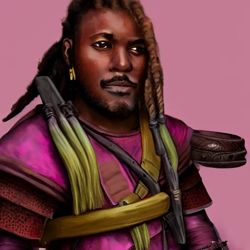 Image similar to a medieval hunter with african ethnicity and dreadlocks, plum color scheme, fantasy character portrait