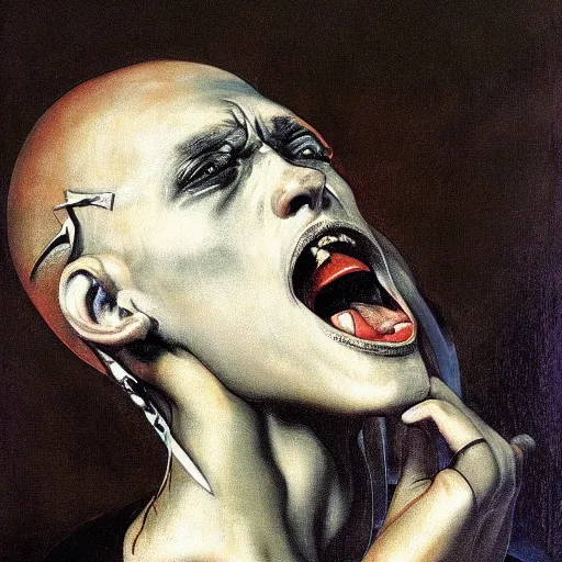 Image similar to metalhead singing dramatically, heavy metal, gothic, oil painging by caravaggio and alan lee