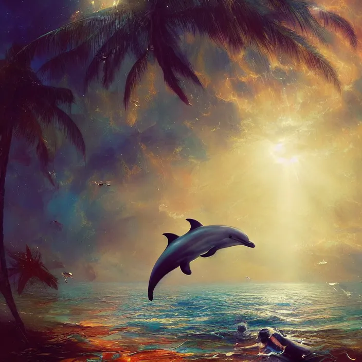 Image similar to dolphins swimming underwater, golden hour, god rays, coral reef, dreamscape by artgerm and ruan jia and ismail inceoglu and greg olsen, cosmos, milky way galaxy, masterpiece, beautiful, intricate, elegant, highly detailed, palm trees
