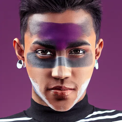 Image similar to professional digital art of a stylish young adult man with short dyed hair, a black face mask, earrings, and striped clothes, high quality, HD, 8K, highly detailed, award-winning, sci-fi, fantasy, movie character, dark purple clouds