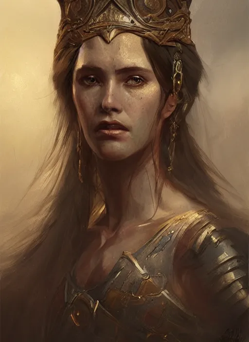 Image similar to A portrait of a beautiful warrior queen in the style of Greg Rutkowski, in style of Charles Sillem Lidderdale, artstation, high quality art