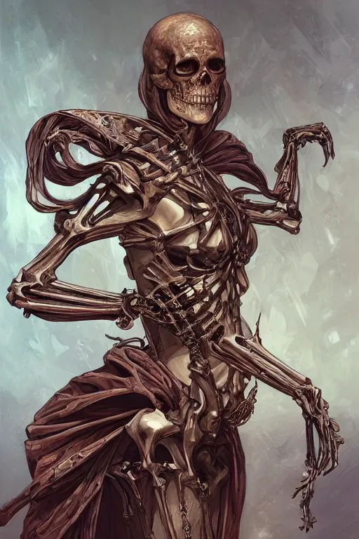 Image similar to skeleton as a heroine, intricate, elegant, highly detailed, centered, digital painting, artstation, concept art, smooth, sharp focus, illustration, art by artgerm and donato giancola and Joseph Christian Leyendecker, Ross Tran, WLOP