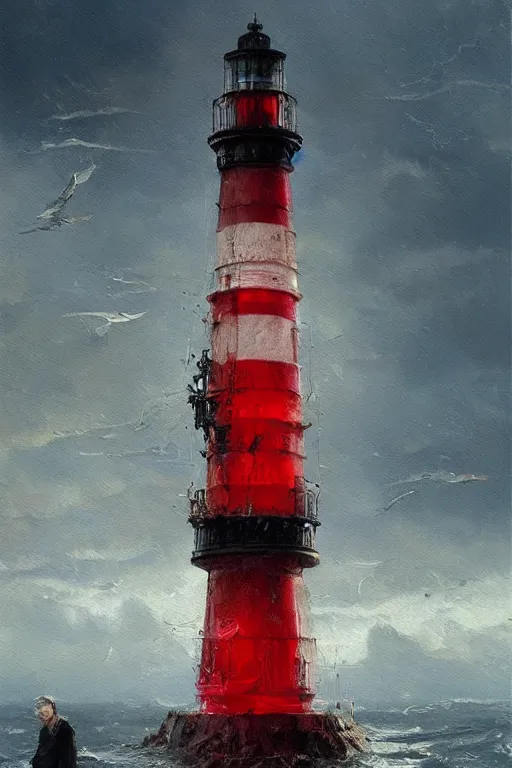 Image similar to imagine a ship in a bottle but instead of a ship a red and white lighthouse is in the bottle, fancy whiskey bottle, masterpiece painting by greg rutkowski and ruan jia