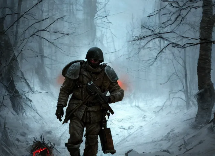 Prompt: demonic t - 8 0 0 terminator in world war two eastern front setting, dieselpunk, winter concept art, artstation, stephen bliss, unreal engine, art by greg rutkowski, loish, rhads, ferdinand knab, makoto shinkai and lois van baarle, pixar, rossdraws, tom bagshaw, global illumination, radiant light, detailed and intricate environment