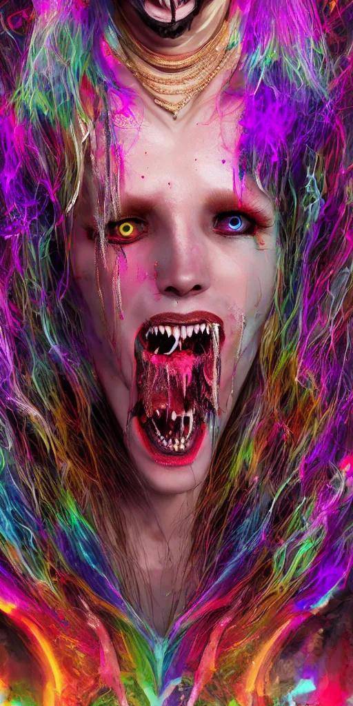 Image similar to impossibly beautiful vampire with large vampire fangs, full body, intricate complexity, surreal horror, psychedelic glitch art, rainbow drip paint, trending on art station, photoreal, 8 k, octane render