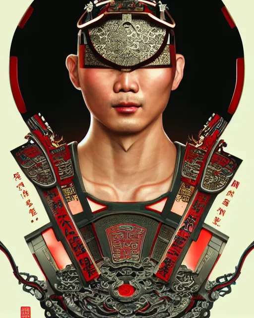 Image similar to portrait of a chinese masculine male cyberpunk machine, machine face, upper half portrait, decorated with chinese opera motifs, muscular, asian, fine china, wuxia, traditional chinese art intricate intense elegant 京 剧 highly detailed symmetry headpiece digital painting artstation concept art smooth sharp focus illustration, art by artgerm and greg rutkowski alphonse mucha 8 k