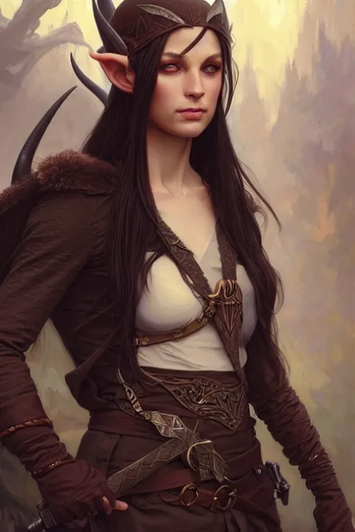 Image similar to portrait of a elven ranger, dark, piercing eyes, gentle expression, elegant clothing, photorealistic, highly detailed, artstation, smooth, sharp focus, art by michael whelan, artgerm, greg rutkowski and alphonse mucha