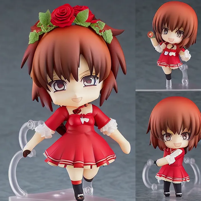 Prompt: an anime nendoroid of a lovely red - hair girl wearing roses, figurine, detailed product photo