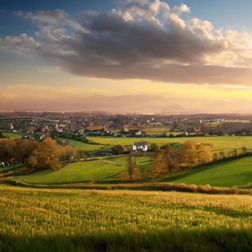 Prompt: Landscape photograph of countryside with a town in the distance. Detailed, realistic.