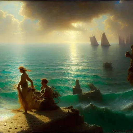 Image similar to point of view, you are deep in the ocean looking up, you see fishes, flora and fauna, higher you see the splendorous milk way illuminating the sea. highly detailed painting by gaston bussiere, greg rutkowski 8 k