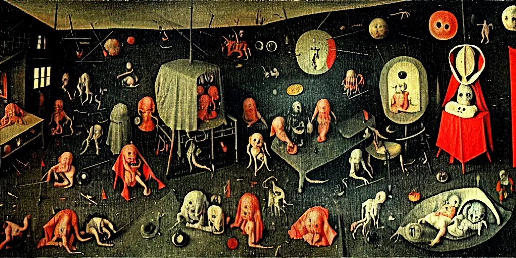 Prompt: a cosmic horror monstrosity inside of a childs bedroom, painting by hieronymous bosch, extremely detailed, disturbing, cinematic, 4 k, 8 k,