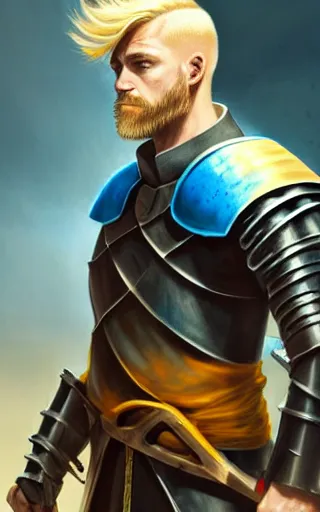 Image similar to a rugged young knight with blonde hair and blue eyes and a short beard and a scar under his left eye wearing a blue shirt steel pauldrons and a yellow cape and leather boots by Greg_Rutkowski, realistic, detailed, masterpiece, ArtStation
