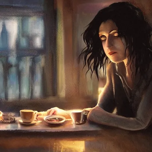 Image similar to an empathetic death from the'the sandman ', realism, soft lighting, cute, kindness, cafe