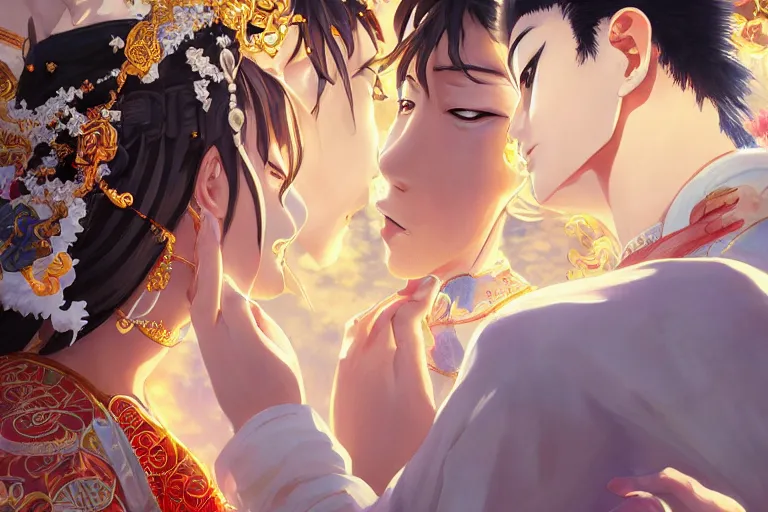 Image similar to close up moment of a divine a japan sun god and a moon goddess lovers magician at a wedding banquet, highly detailed, genshin, fantasy, 4 k realistic, digital painting, trending on artstation, concept art, sharp focus, illustration, art by makoto shinkai and akihiko yoshida and daniel gerhartz