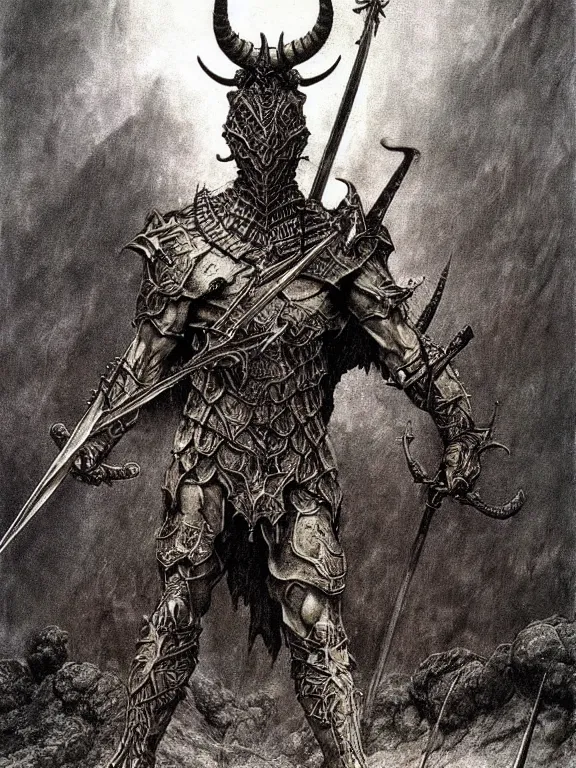 Prompt: A powerful horned semiork-semihuman with armored joints stands with sword in hand. Massive shoulderplates. Realistic, fantasy art, solo, masterpiece, colorful, art by Zdzisław Beksiński, Arthur Rackham, Dariusz Zawadzki