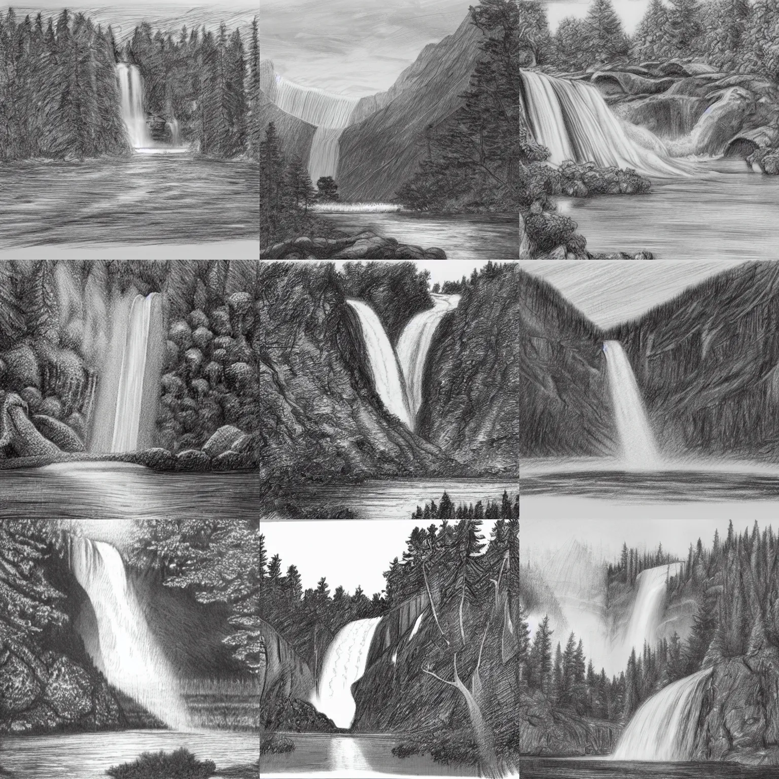 Prompt: A black and white pencil sketch of a huge waterfall flowing into a very large lake, surrounded by lots of trees and very rocky cliffs.
