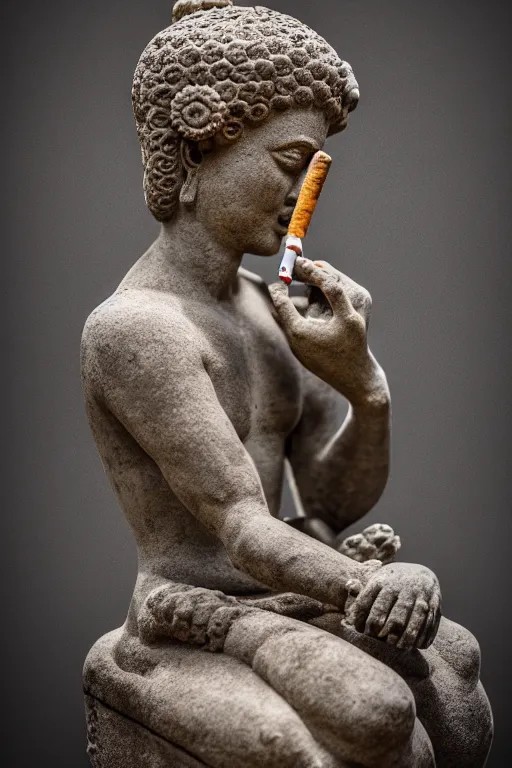 Image similar to photo of the ancient statue smoking an ancient hookah, symmetrical, cinematic, real dlsr photography, sharp focus, 4 k, ultra hd, sense of awe, archeology journal cover