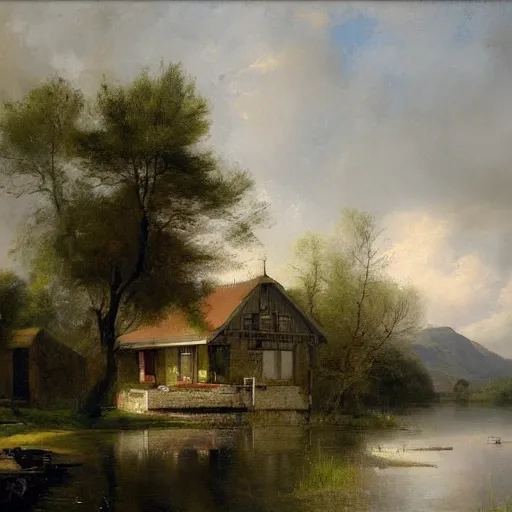 Prompt: a house by the lake painted by geoffroy thoorens