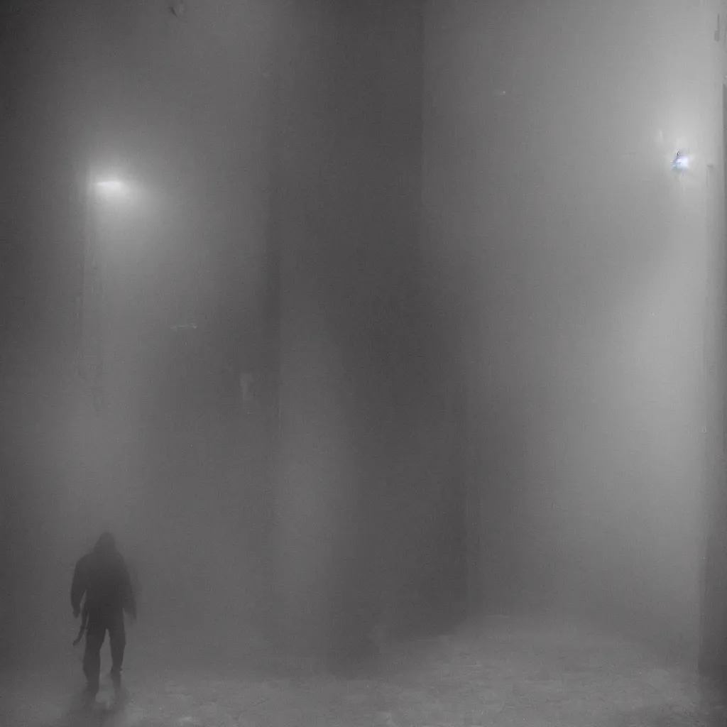 Image similar to a backlit, mostly silhouetted threatening person with long limbs and glowing eyes walks down a long shadowy apartment hallway dragging something behind it, low lying fog swirls at their feet, the ceiling is in darkness, water drips down from above, smoke, gloomy, nightmarish security footage, detailed