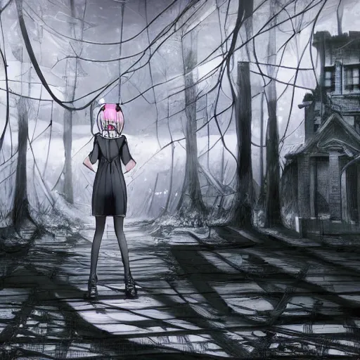 Image similar to vocaloid in abandoned city, dark, despair, loneliness