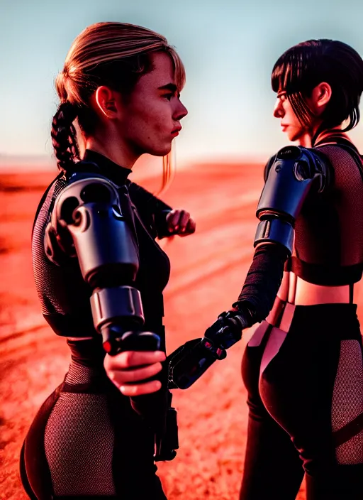 Prompt: cinestill 5 0 d photographic portrait of two loving female androids wearing rugged black mesh techwear on a desolate plain with a red sky, extreme closeup, cyberpunk style, garters, dust storm, 8 k, hd, high resolution, 3 5 mm, f / 3 2, ultra realistic faces, ex machina