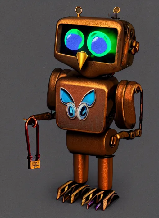 Image similar to colored pencil and pen drawing of an animatronic robot owl, bird made from rusty old keys and padlocks, 8 k photorender realityengine